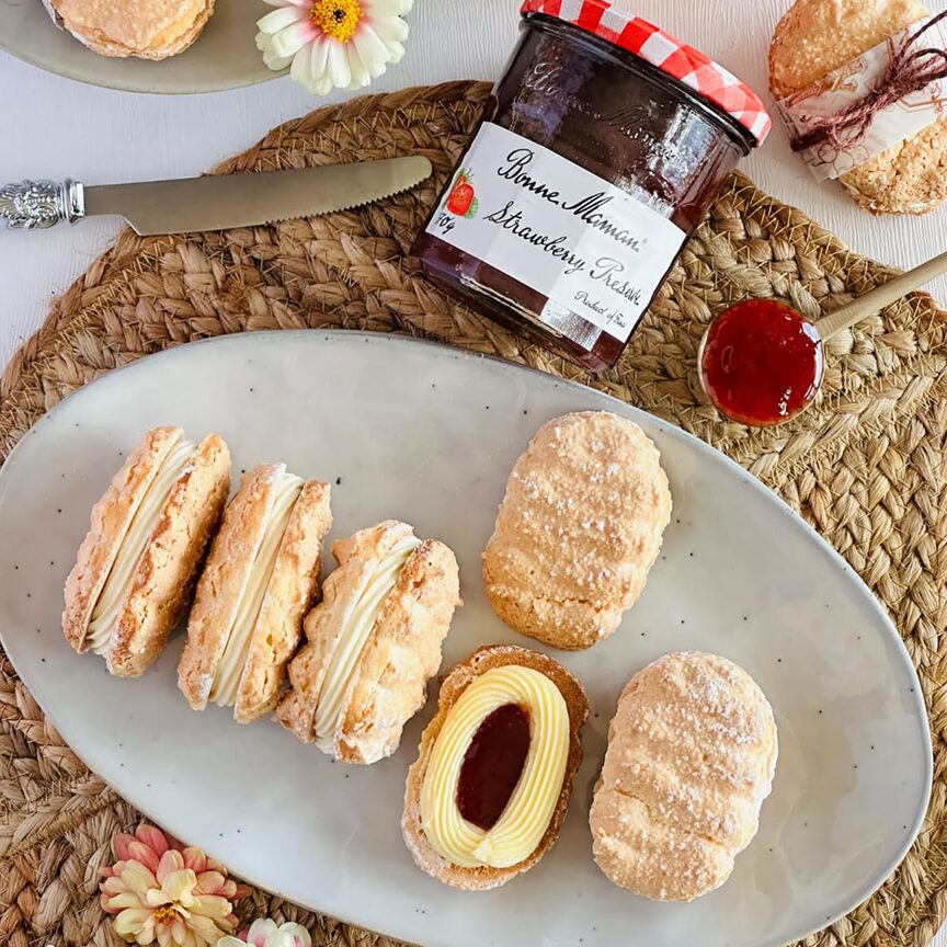 Dacquoise Sandwiches with Bonne Maman Strawberry Jam and Cream Cheese Filling