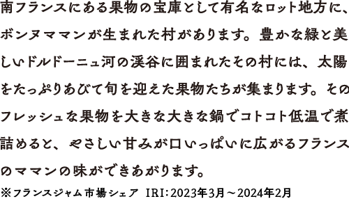 南フランスにある果物の宝庫として有名なロット地方に、ボンヌママンが生まれた村があります。豊かな緑と美しいドルドーニュ河の渓谷に囲まれたその村には、太陽をたっぷりあびて旬を迎えた果実たちが集まります。そのフレッシュな果物を大きな大きな鍋でコトコト低温で煮詰めると、やさしい甘みが口いっぱいに広がるフランスのママンの味ができあがります。